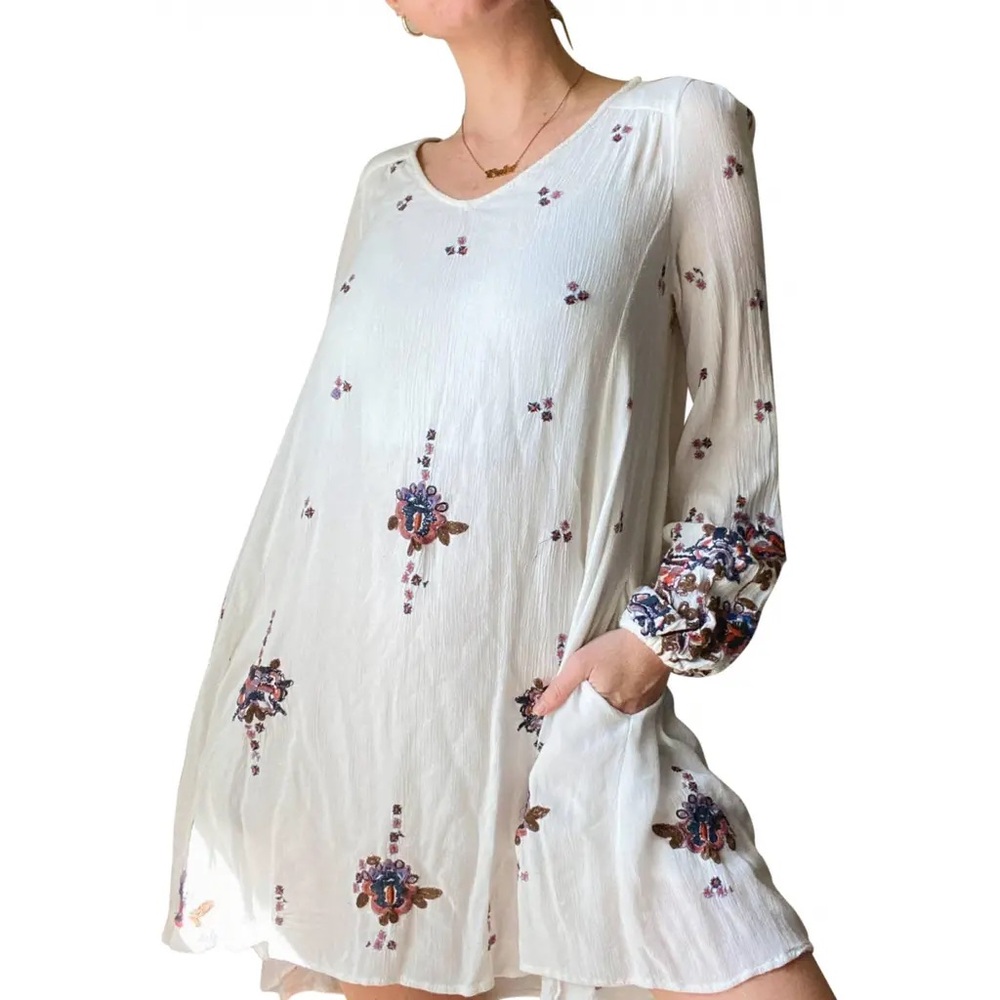 Free People Cream Floral Embroidered Long Sleeve Swing Dress
